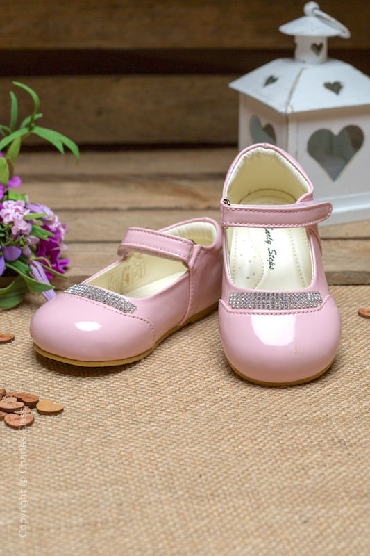 Girls Pink Princess Diamante Patent Leather Shoes